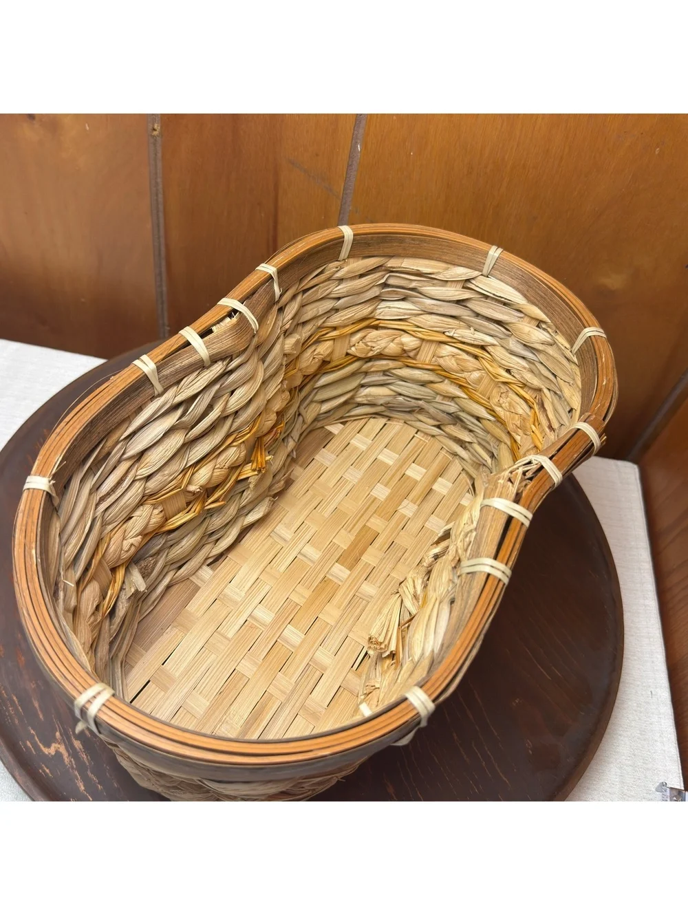 Vintage Woven Natural Fiber Basket Oval Rustic Farmhouse Storage Decor 14x7x6
